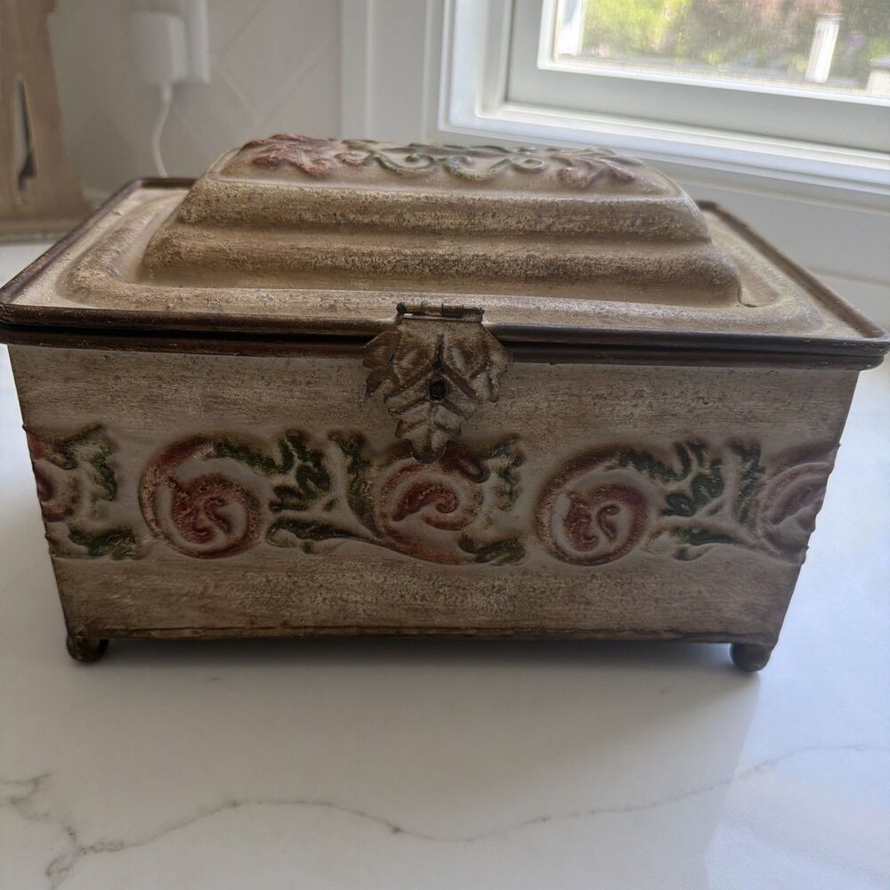 VTG Metal Chest Latch Footed Trinket Box Crackle Finish Decorative Antique Style